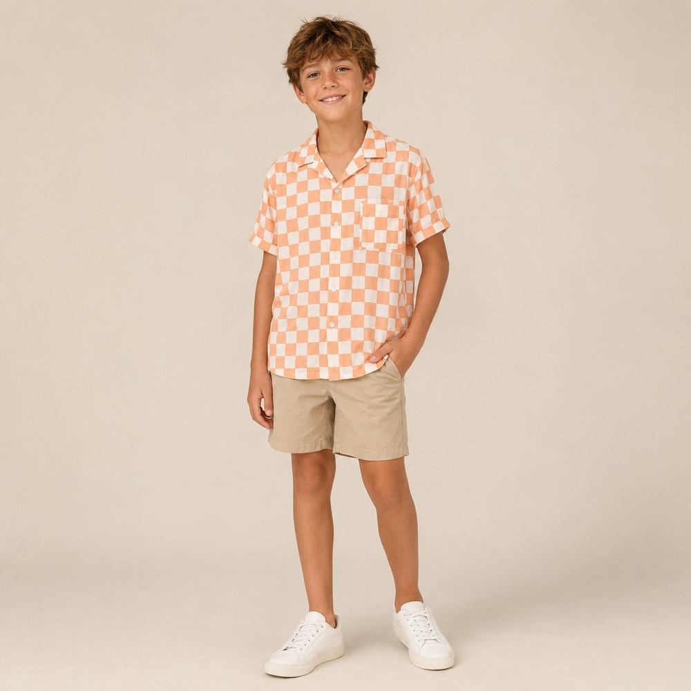 Cat & Jack Boys Peach White Checkered Short Slv Button Down Shirt Size L 10/12